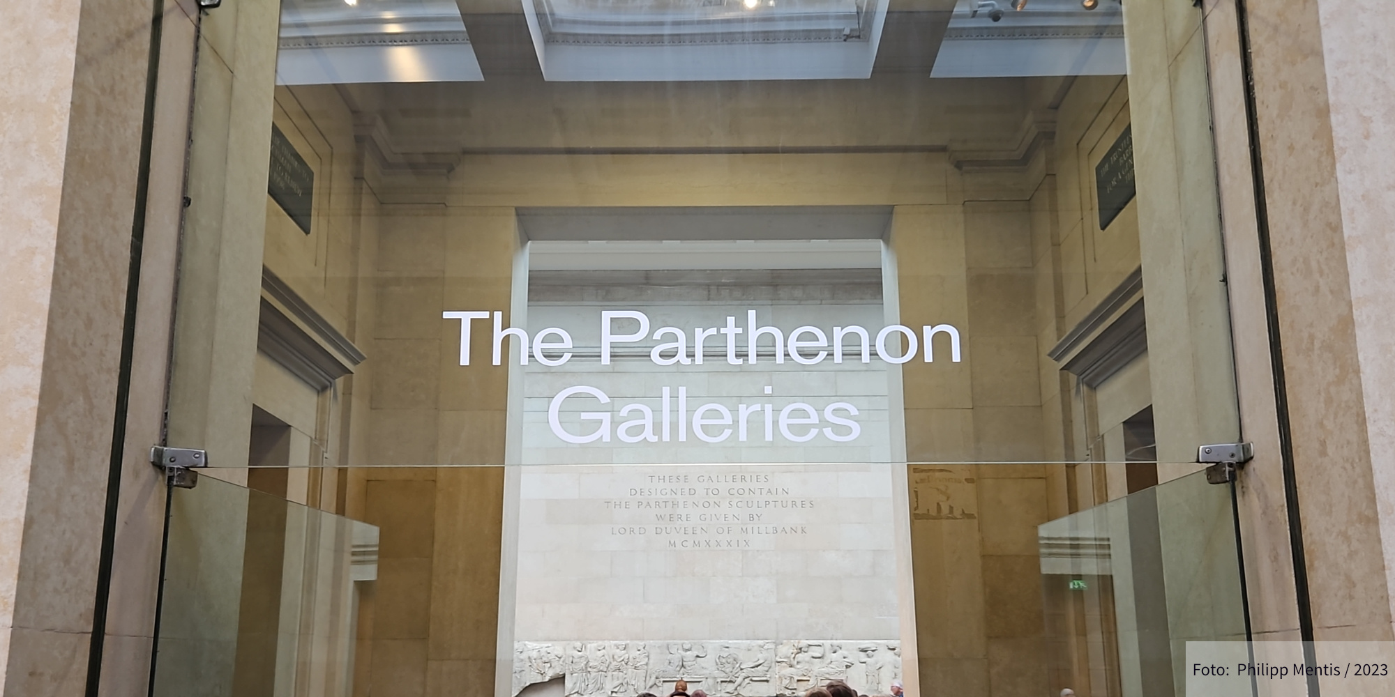 !B The sign at the Entrance of the Parthenon Galleries at the British Museum in London.