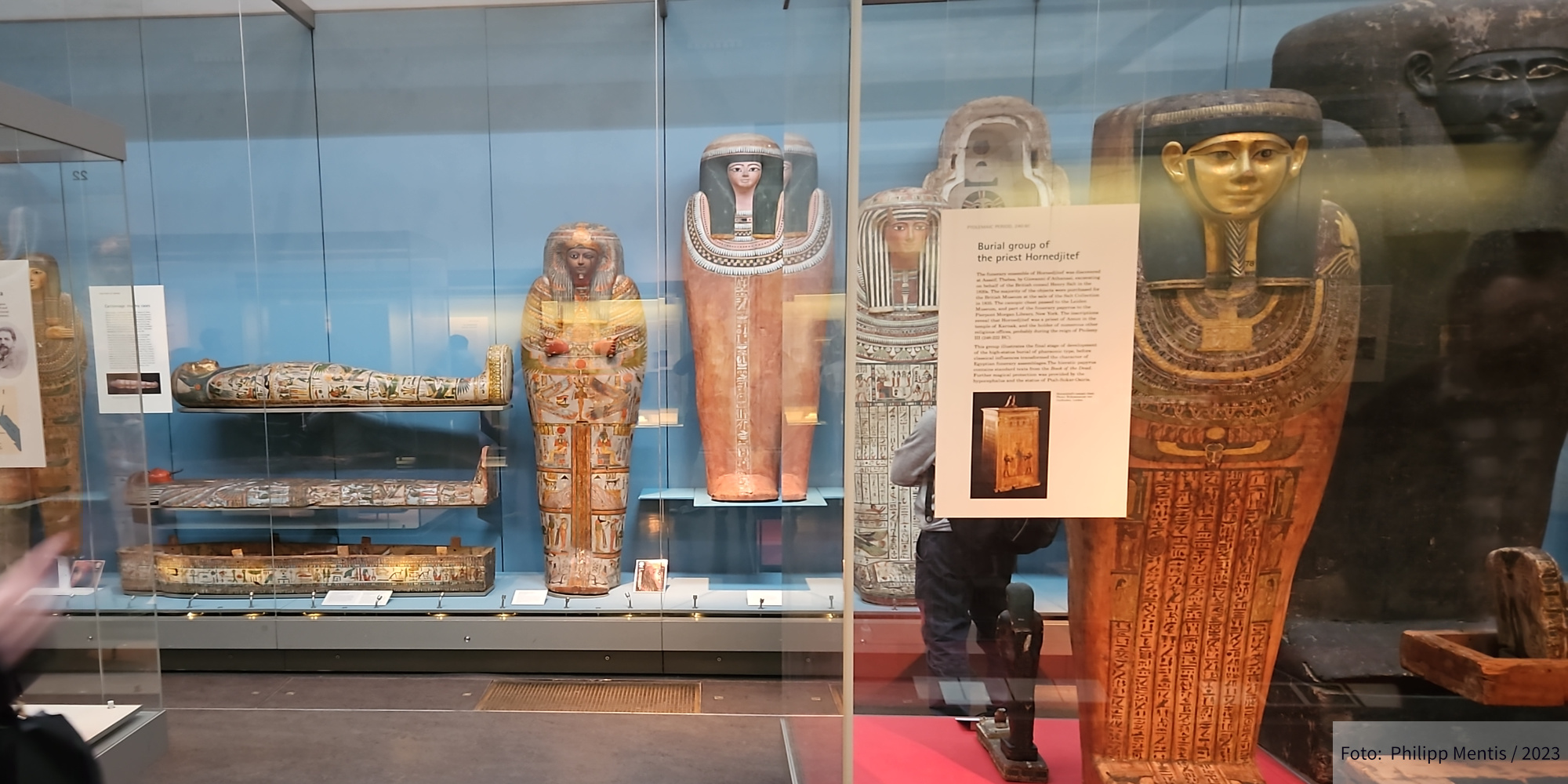 !B Egyptian mummies and sarcophagi at full display in the British Museum.