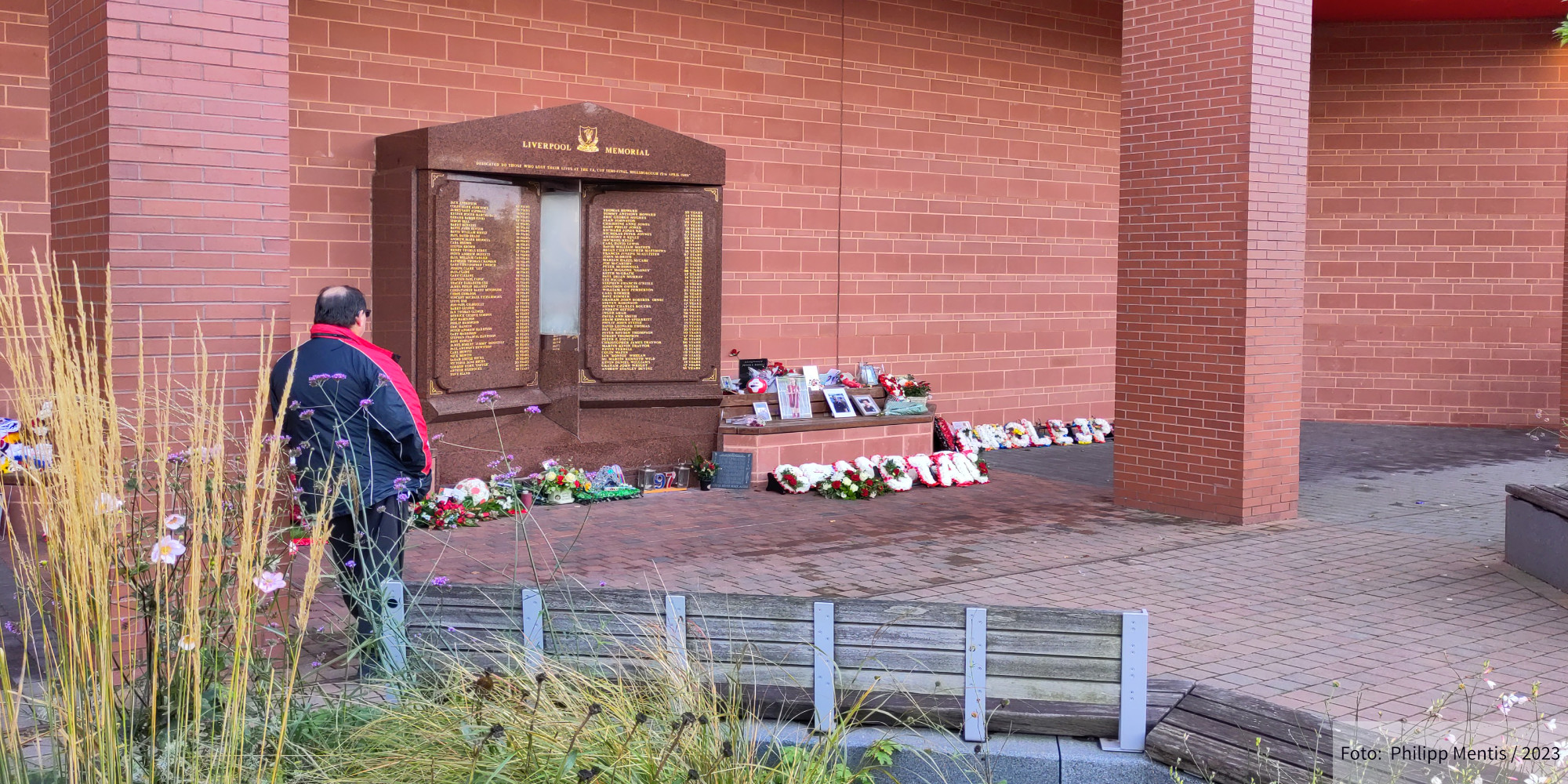 !B View of the Hillsborough memorial at Anfield ground.