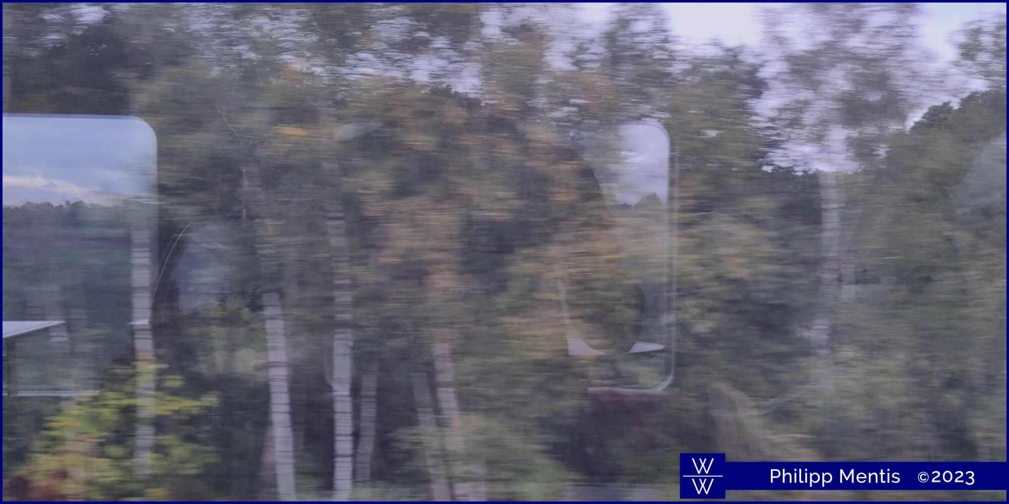 !B Outside the train window a forest ist rushing by. Opposite windows reflected in the glass.